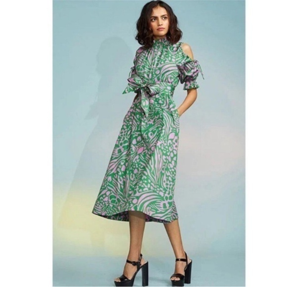 Cynthia Rowley Dress Cold Shoulder Print Midi in Green Pink